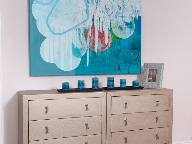 Neutral Mod Bedroom Dresser Blue Abstract Art